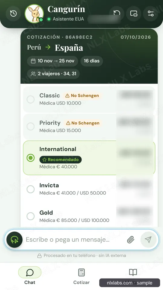 A quote in Cangurín: Peru to Spain, 16 days, two travelers, plans compared with prices hidden